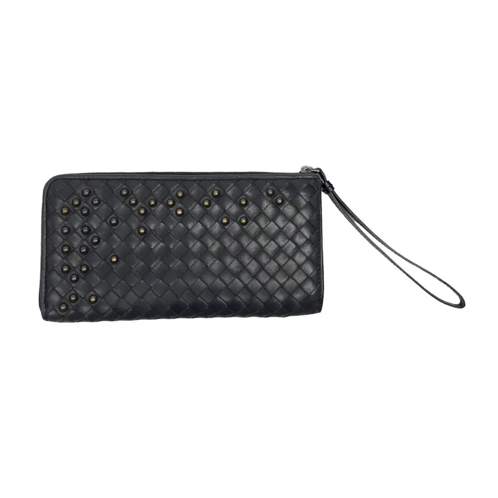 Bottega Veneta Intrecciato Studded Zip Around Wallet Wristlet Black Leather EUC
